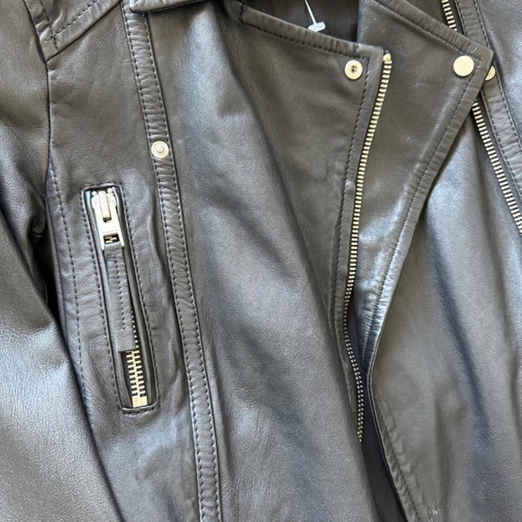 AllSaints Asker black Leather biker jacket trench leather jacket size 0 - Picture 6 of 14
